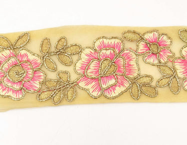 Pink and Gold Floral Embroidery Trimming, Embroidered Roses Flowers Trim, Sheer Fabric Lace